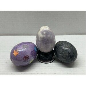 Lot of 3 - Polished Collectible Eggs w/ 1 Display Stand 3" x 1.75"